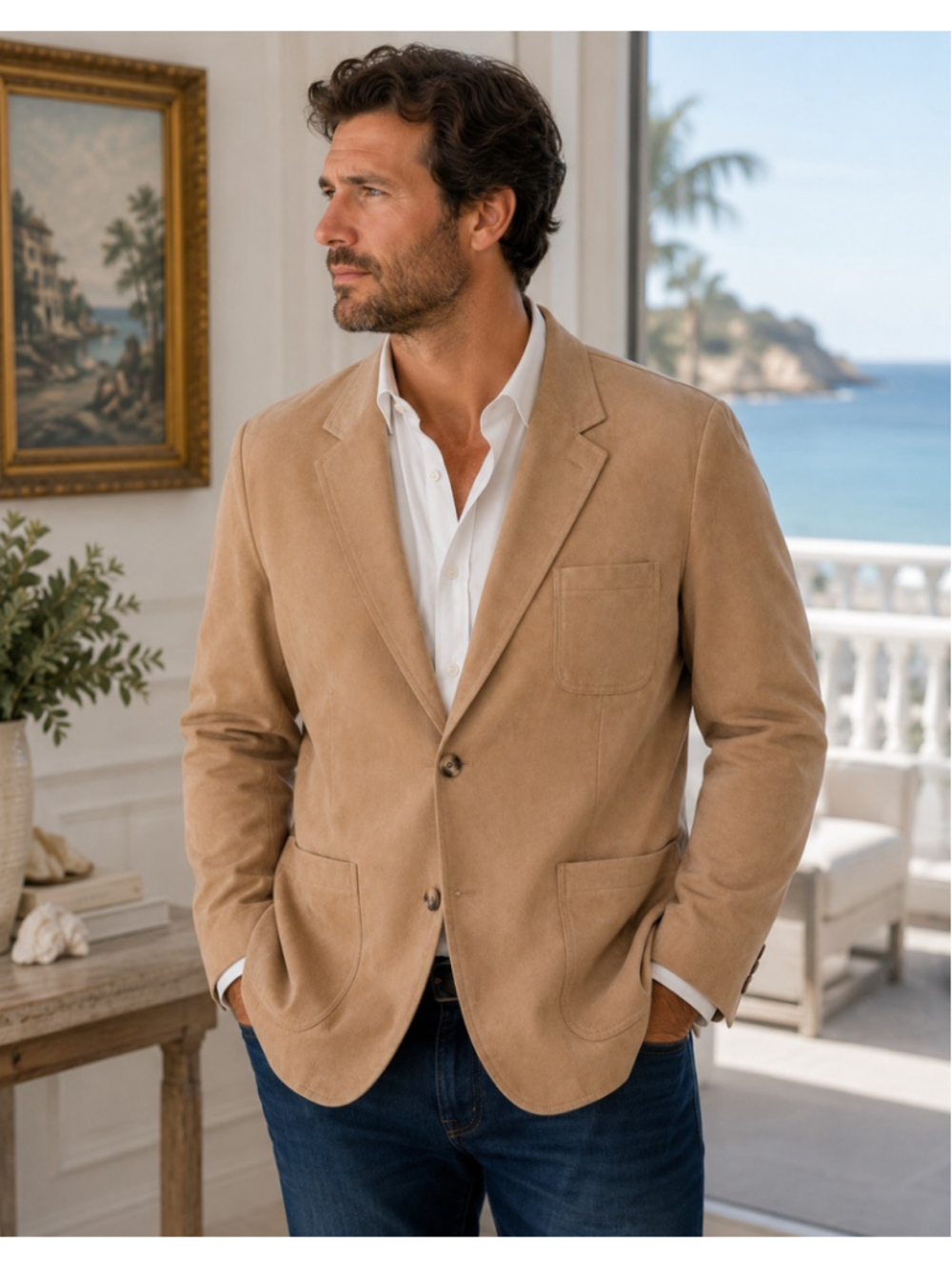 Vintage Kingsridge Moss & Co Men's Tan Suede Leather Blazer Jacket Custom Summer